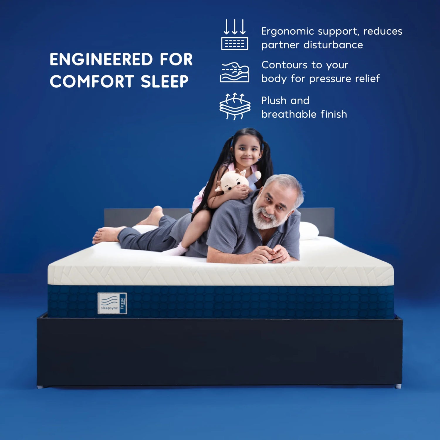 Family enjoying the Sleepsync TRIZEN Memory Mattress designed for comfort sleep and pressure relief.