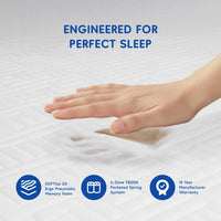 Engineered for perfect sleep with TRIZEN memory mattress showcasing a hand touching soft memory foam.
