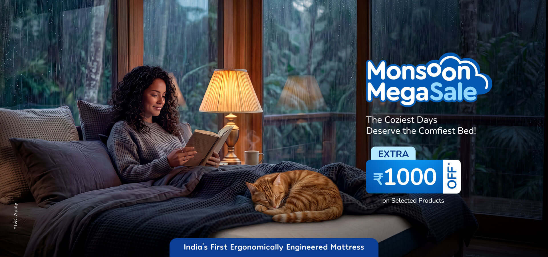 Cozy woman reading in bed with cat, promoting best mattress for back pain during Monsoon Mega Sale.